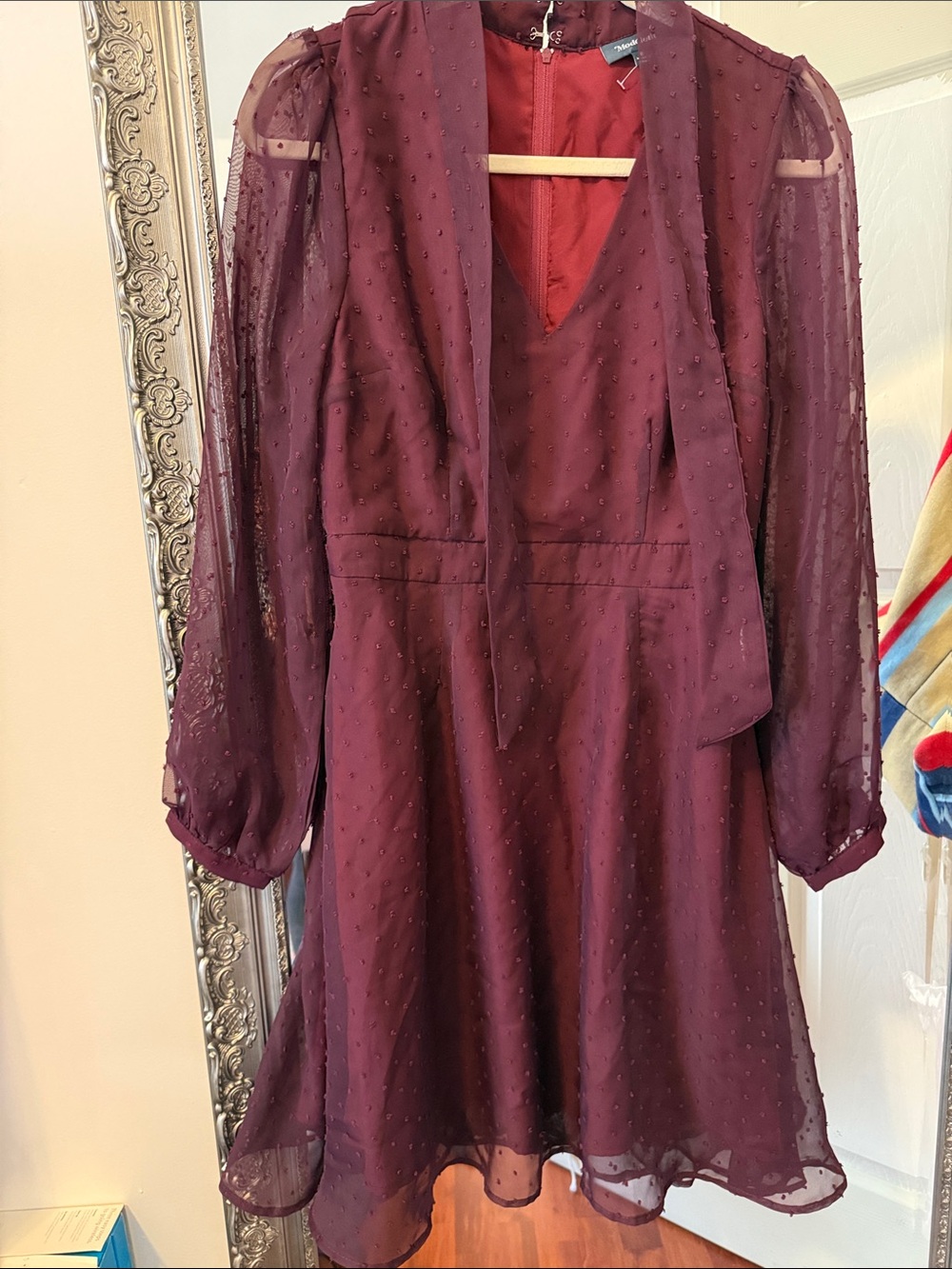 ModCloth Burgundy Dot-Detail Long Sleeve Tie-Neck Dress